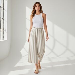 H&M Linen Blend Wide Leg Pants Size 12 NWOT Beige Stripe High Rise